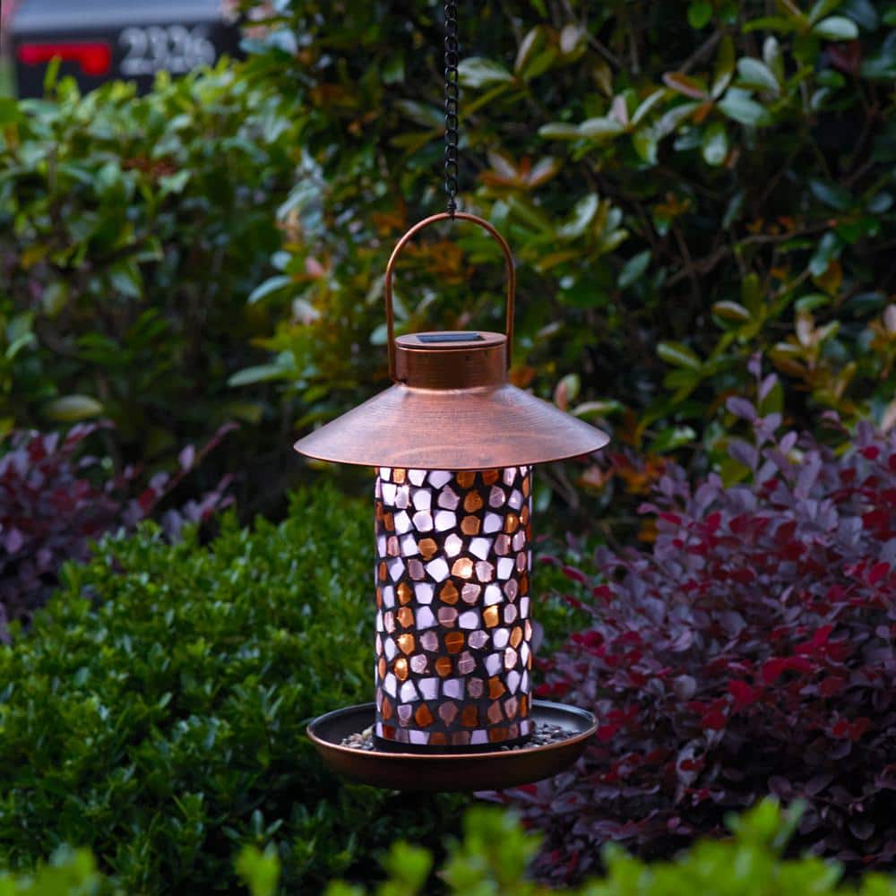 Adelie Mosaic Glass and Copper Hanging Solar Bird Feeder