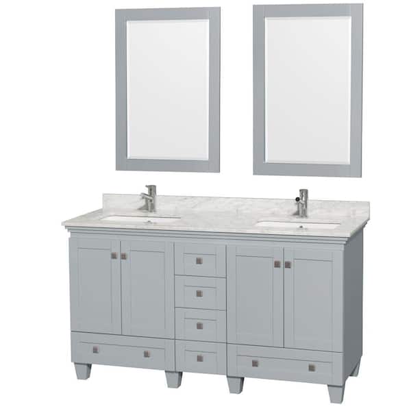 Wyndham Collection Acclaim 60 in. W x 22 in. D Vanity in Oyster Gray with Marble Vanity Top in Carrera White with White Basins and Mirrors