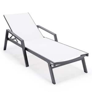 LeisureMod Marlin Modern Patio Chaise Lounge Arm Chair with Black Powder Coated Aluminum Frame Set of 2 (White)