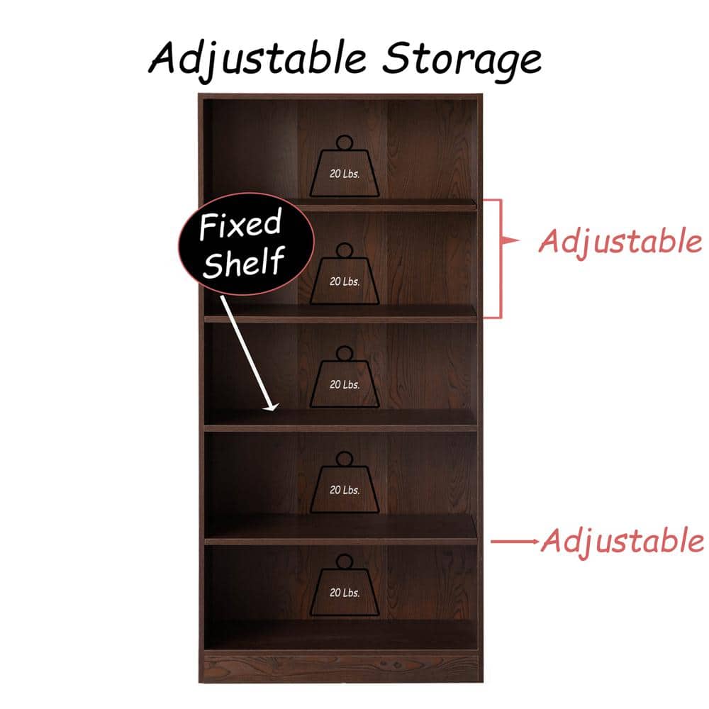 60" Tall Dark Brown Wooden Adjustable 5-Shelf Freestanding Bookcase