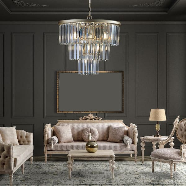 19.7 in. W 3-Tier 7-Light Gold Crystal Chandelier for Living Room and Kitchen Island with No Bulbs Included