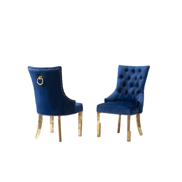 Best Quality Furniture Sam Navy Blue Velvet Stainless Steel Gold Dining Chairs (Set of 2)