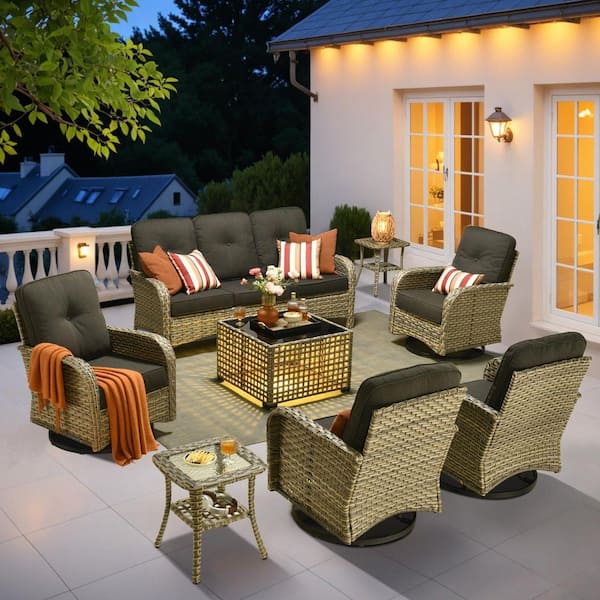 Beverly Gray 8-Piece Wicker Patio Conversation Sofa Seating Set with Swivel Chairs and Black Cushions