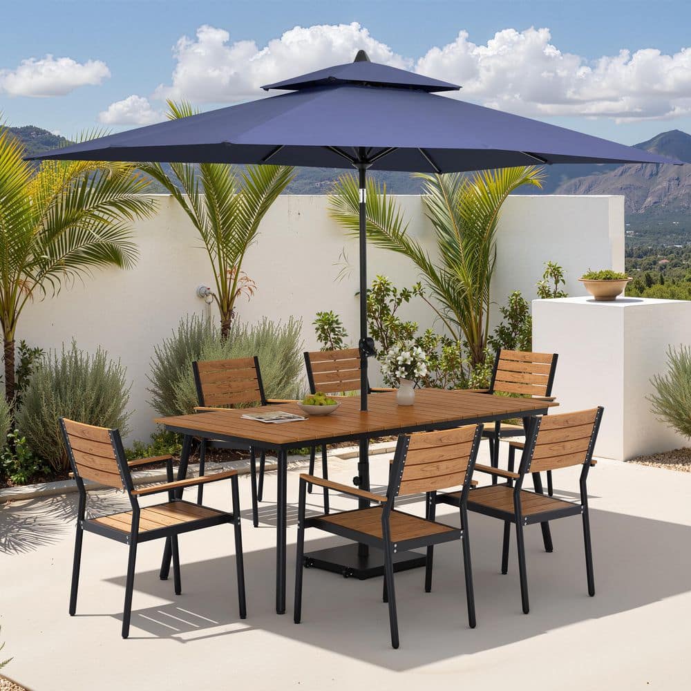9-Piece Brown Aluminum Outdoor Dining Set with Stackable Armchairs, Navy Market Patio Umbrella, Base with Wheels price history on PriceWatchPro