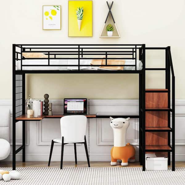 Black Twin Size Wood Loft Bed with Desk and Metal Grid, Stylish Metal Frame Bed with Lateral Storage Ladder and Wardrobe