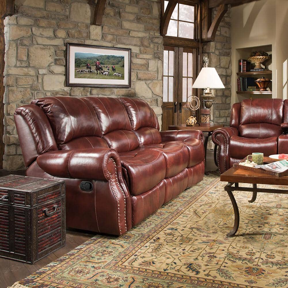 Aspen 93'' Brown Leather Reclining Sofa with Nailhead Trim