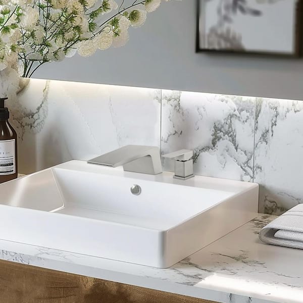 Arc Waterfall Single Handle Double Hole Bathroom Faucet in Brushed Nickel
