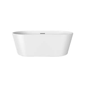 Oswald 59 in. Acrylic Flatbottom Non-Whirlpool Bathtub in White with Integral Drain in Brushed Nickel