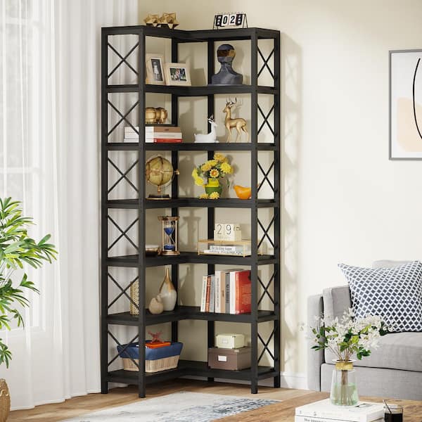 Eulas 78 in. Tall Black Engineered Wood 7-Shelf Corner Bookcase, Large Modern Corner Bookshelf Storage Display Rack