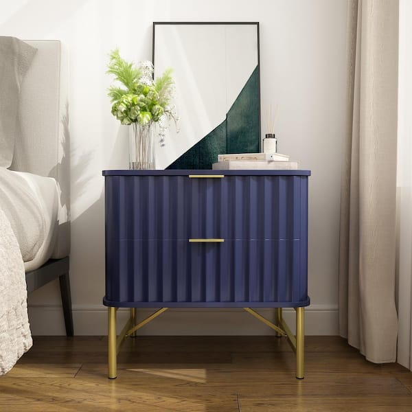 Modern Blue 2-Drawer Nightstand with Arched Grooved Panels and Crossbar Metal Legs for Bedroom or Living Room