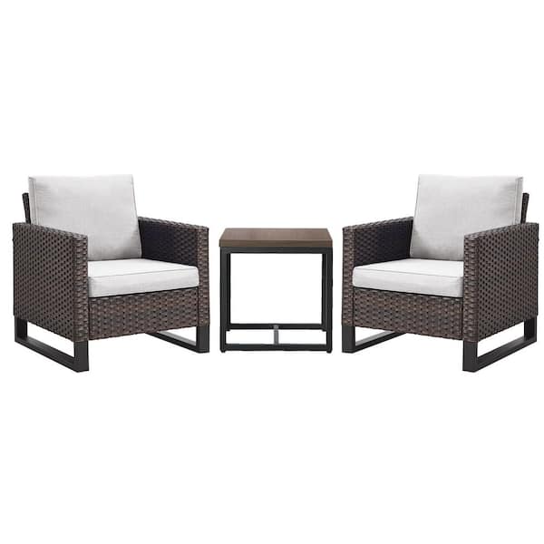 Brown 3-Piece Wicker Patio Conversation Set, Outdoor Lounge Chairs with Side Table and Beige Cushions