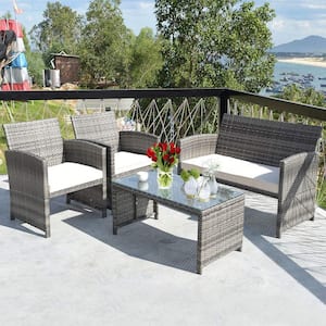 Mix Gray 4-Piece Rattan Wicker Patio Conversation Set with Beige White Cushions Garden Lawn Furniture