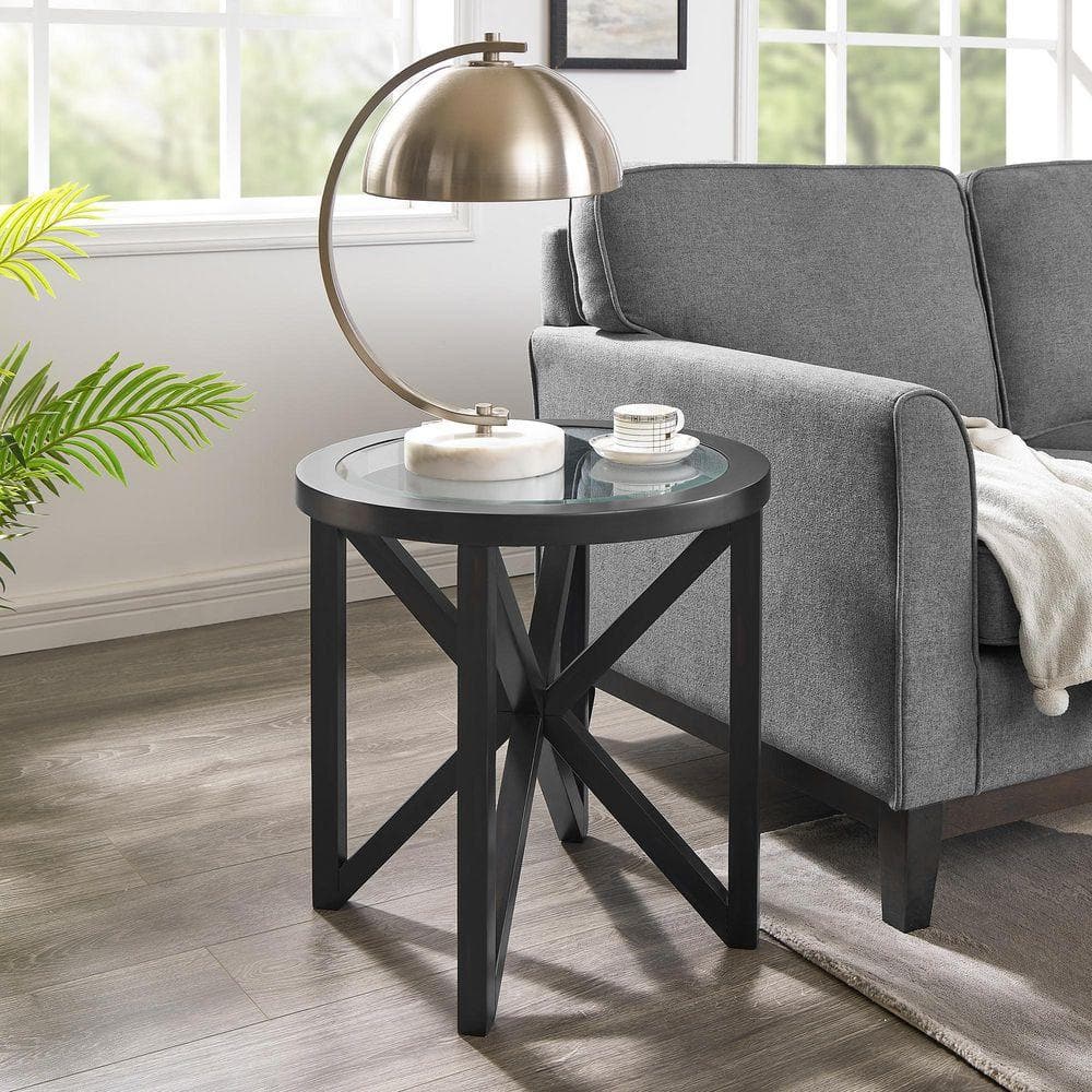 Black 22 in. Round Wood Modern Coffee Table, Tempered Glass Side
