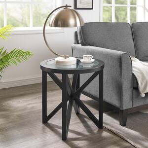 Black 22 in. Round Wood Modern Coffee Table, Tempered Glass Side Table for Living Room, Bedroom, Office