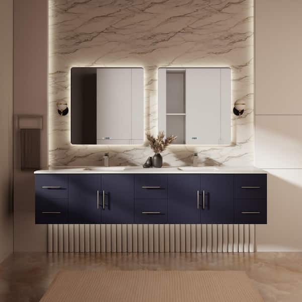 Geneva 84 in. W x 22 in. D Navy Blue Double Bath Vanity, White Quartz Top, and 36 in. LED Mirrors