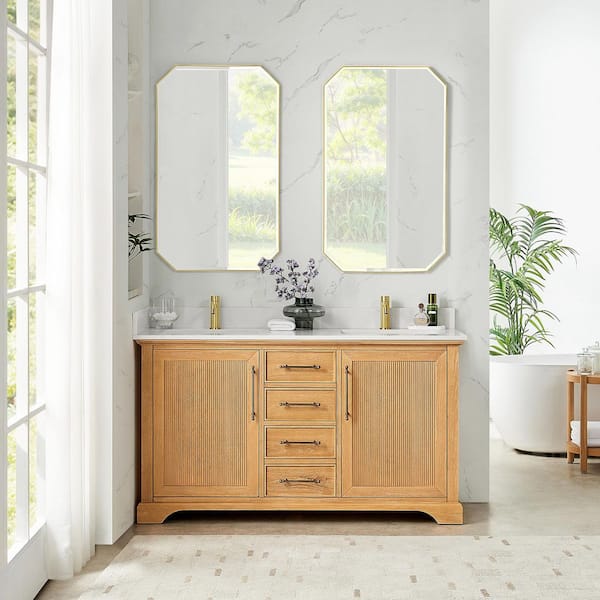 Tokyo 60 in. W. x 22 in. D x 44 in. H Double Bath Vanity in Oak Natural Brown with Silk White Quartz Stone Top
