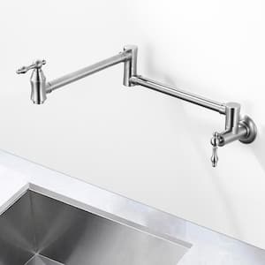 Brass Wall Mounted Pot Filler with 2-Handles and 2 Aerators in Brushed Nickel