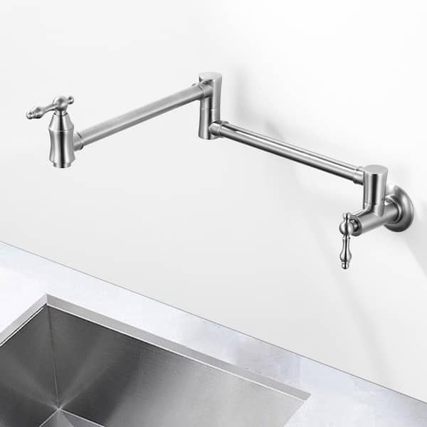 Vintage Brass Wall Mount Pot Filler with 2 Handle, 2 aerators and Swing Arms Folding Kitchen Faucet in Brushed Nickel