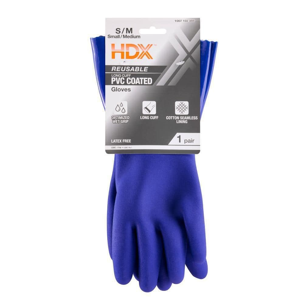 HDX Blue Long Cuff Reusable PVC Coated - S/M 24120-08 - The Home Depot