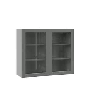 Designer Series Melvern Storm Gray Shaker Assembled Wall Kitchen Cabinet with Glass Doors (36 in. x 30 in. x 12 in.)