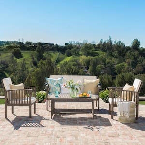 Gray 4-Piece Wood Patio Conversation Set with Acacia Wood Table and Cream Cushions