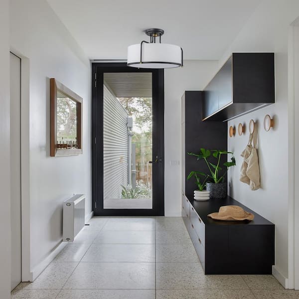 Scarlett 17.7 in. 5-Light Black Drum Semi-Flush Mount White Fabric Shade