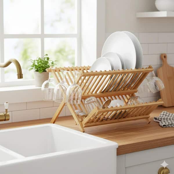 Natural Bamboo Collapsible 2-Tier Kitchen Drying Rack Foldable Dish Rack Space-Saving Countertop Organizer