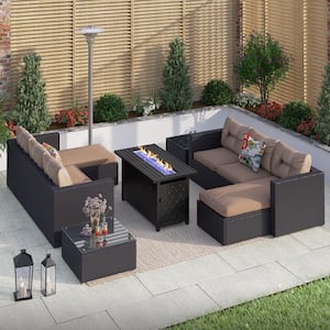 Dark Brown Rattan 6 Seat 7-Piece Steel Outdoor Fire Pit Patio Set with Beige Cushions and Rectangular Fire Pit Table