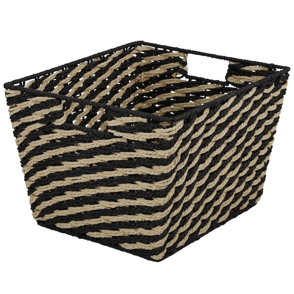 Medium Striped Woven Basket Shelf Bin in Black
