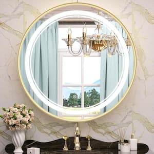24 in. W x 24 in. H Round Framed 3-Colors Dimmable LED Wall Mount Bathroom Vanity Mirror with Lights Anti-Fog in Gold