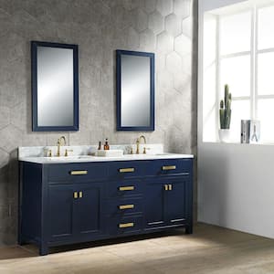 Madison 72 in. Bath Vanity in Monarch Blue with Carrara White Marble Vanity Top with White Basins