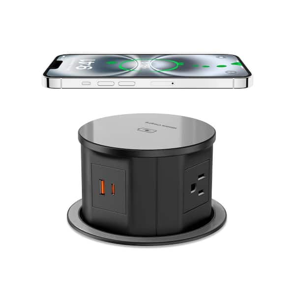 Ahfiwaso 6 FT Extension Cord 4-Outlet Pop-up Surge Protector Outlet in Black with 15-Watt Wireless Charger and 20-Watt USB Ports