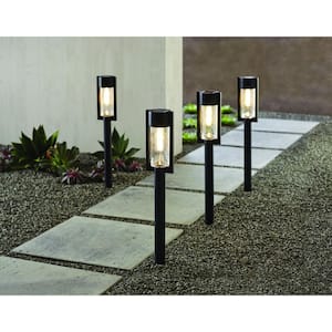 Clermont 15 Lumens Black LED Weather Resistant Modern Outdoor Solar Bollard Light, Seedy Glass and Vintage Bulb (4-Pack)