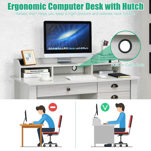 Desktop Computer Desk with Hutch, Bookshelf, Storage, Drawer, Home Office  Writing Table, Student Study Laptop Tables Workstation, Wood Desk Bookcase