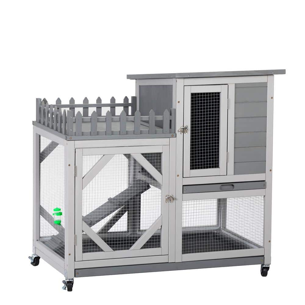 Large Rabbit Hutch Wooden Bunny Cage with Casters Fence Trays Water Bottle Animal House for Rest and Run Easy Clean