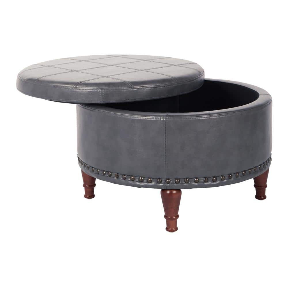 29" Round Pewter Faux Leather Storage Ottoman with Tray