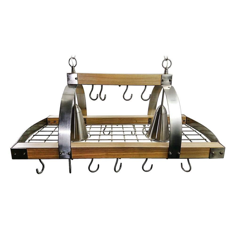 Natural Wood and Brushed Nickel 2-Light Ceiling Pot Rack