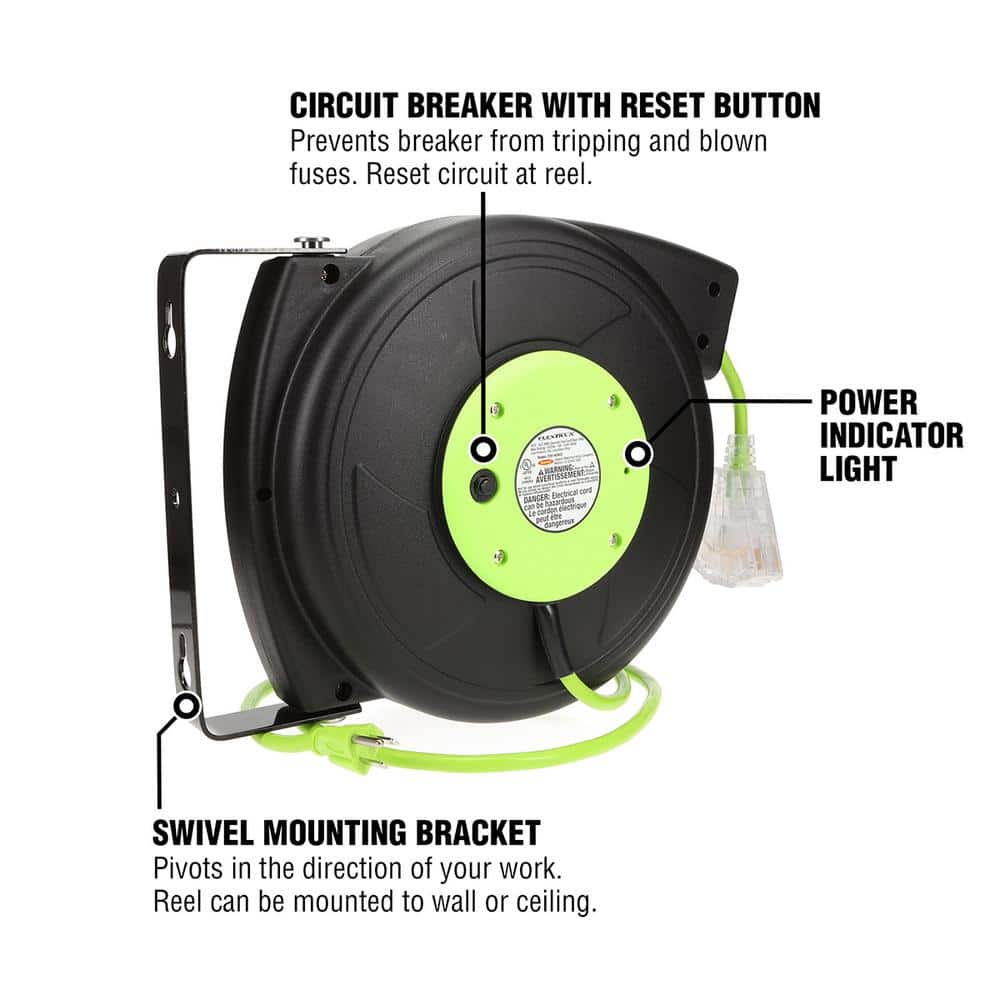 Flexzilla 50' Green Retractable Extension Cord Reel with Triple Tap Outlet