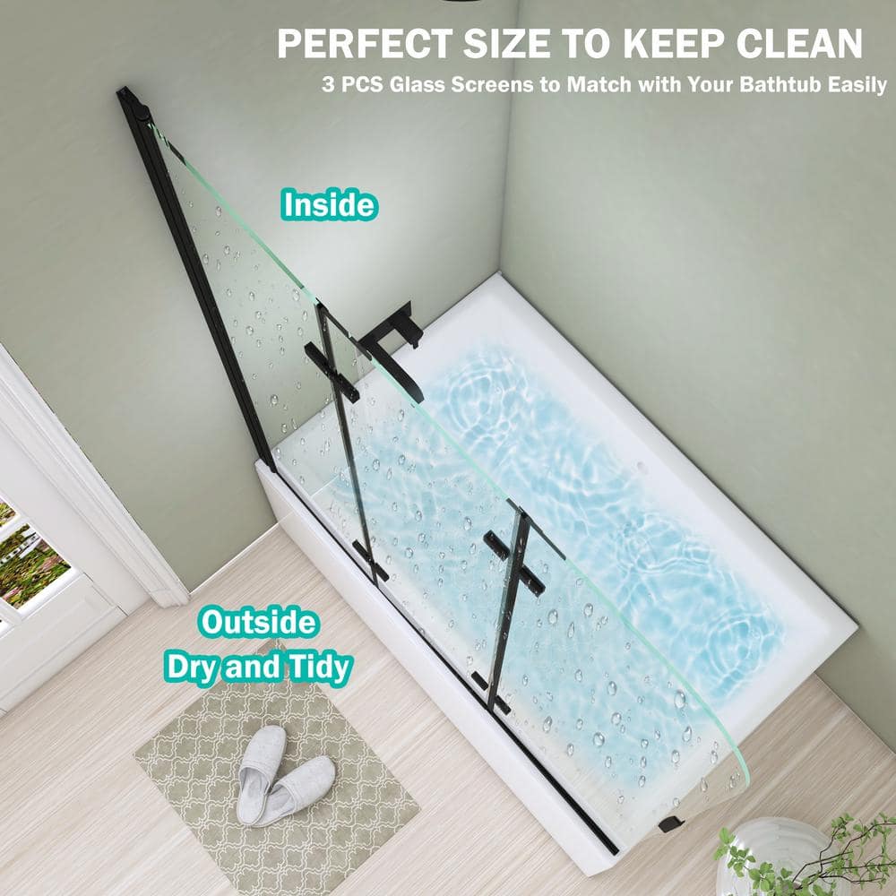 51'' Black Aluminum Frameless Folding Tub Door with Clear Tempered Glass