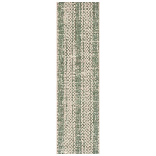 Courtyard Beige/Dark Green 2 ft. x 8 ft. Striped Diamond Indoor/Outdoor Runner Rug
