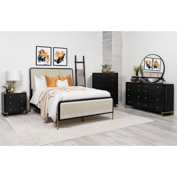 Arini Cream and Black Fabric Upholstered Frame California King Panel Bed