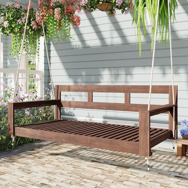 Unbranded Patio Wood Brown Twin Size Porch Swing, Garden Swing Bench Chair  with Hanging Ropes for Backyard SwingBed-12