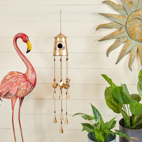 Litton Lane 42 in. Bronze Metal Indoor Outdoor Birdhouse Windchime with Glass Beads and Bells