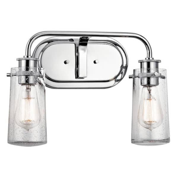 KICHLER Braelyn 14.75 in. 2-Light Chrome Vintage Bathroom Vanity Light with Seeded Glass Shade