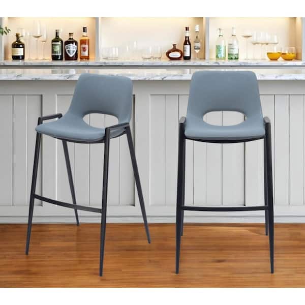 39.00 in. H Blue, Black Bar Height Metal Bar Stool with Faux Leather Seat (Set of 2)