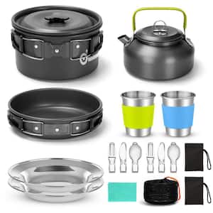 15-Piece Stainless Steel Camping Cookware Kit with Pot, Pan, Kettle, Cups, Plates, Forks, Knives and Spoons