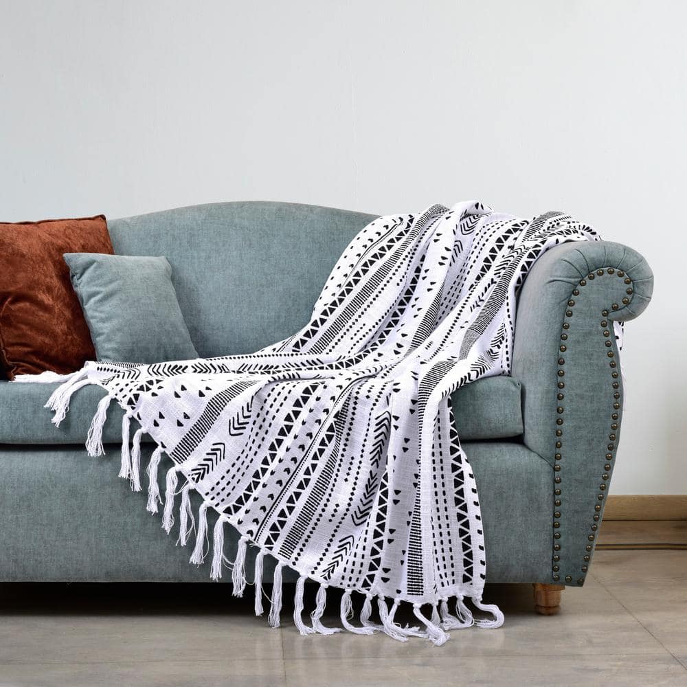 Black/White 100% Cotton Slub Throw Blanket 50"X60"