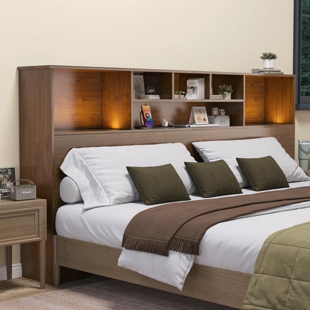 Modern Wooden Bookcase Headboard with Adjustable LED Lights and Charging Station for Queen and King Beds price history on PriceWatchPro