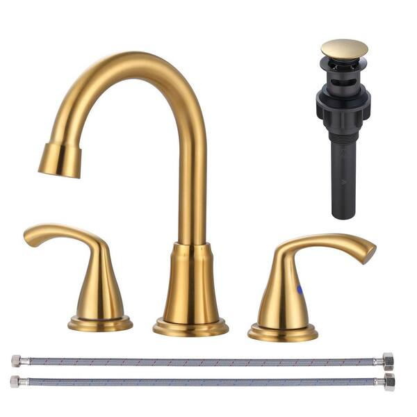 3 Hole 8 in. Widespread Double Handle Bathroom Faucet with Pop Up Drain in Brushed Gold