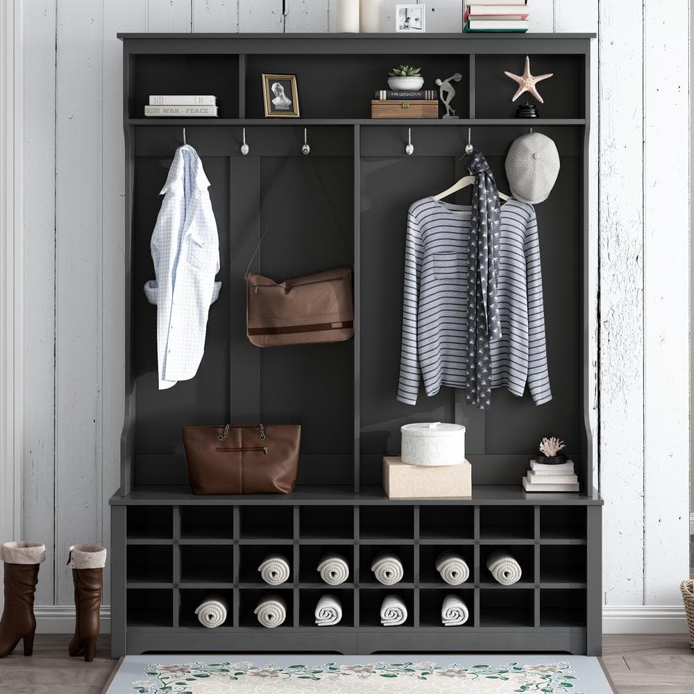 60 in. W x 15.7 in. D x 77.1 in. H Black Linen Cabinet with Metal Black Hoo